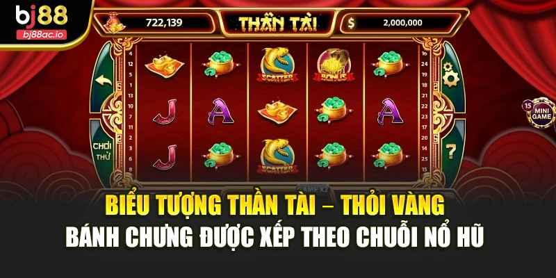 Biểu tượng thần tài – thỏi vàng – bánh chưng được xếp theo chuỗi nổ hũ